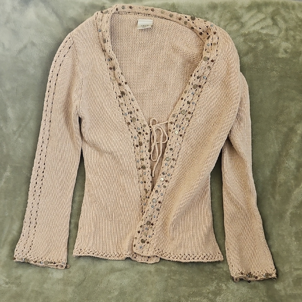 Cream Cardigan Sweater with Decorative Trim